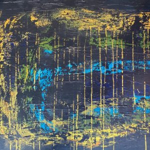 "Golden tears" - Acryl auf Leinwand, Pinsel, Malmesser, Strukturen durch Spachtelmasse , 80x120 cm, 2023