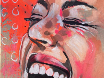 "Smile 2.1“ - Mixed Media (Acryl, Ölkreide und siebdruckkollagen auf Leinwand, 100x80cm, 2023