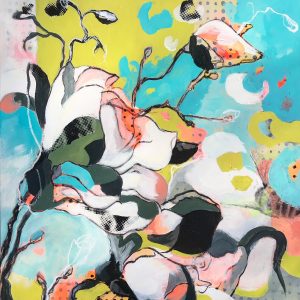 "Magnolias 1.4" - Mixed Media (Acryl, Oil chalk and screenprint collages on canvas), 80x80 cm, 2021