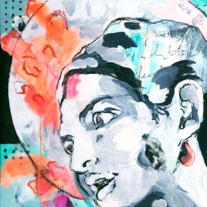 "head whisper"- Mixed Media (Acryl, Oil chalk and screenprint collages on canvas, 70x70cm, 2021