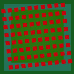 "Diagonales violets"- A herd of red 
squares plays diagonally across the green expanse, 85x85 cm, 2021