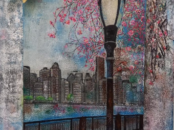 "Bloosom in the Spring" - Mixed media/acrylic on canvas, oil pastel, putty, Metallgold, 110x90 cm