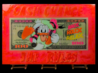 "Cash Change the Rules" - Mixed-Media auf Holz. 110x165 cm, 2021
