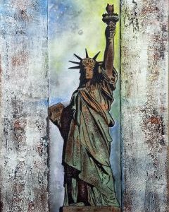 "Statue of Liberty" - Mischtechnik/Acryl auf Leinwand, Ölkreide, Spachtelmasse, Metallkupfer, 130x70 cm