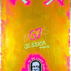 "Jessica"- Mixed-Media auf Holz, 118x78 cm, das Bild ist auf beiden Seiten gemalt, das ist Rückseite, 2021