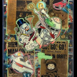 "Space Money"- Mixed-Media auf Holz, 118x78cm, das Bild ist auf beiden Seiten gemalt, das ist Vorderseite, 2021