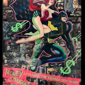 "The Art of Money"- Mixed-Media auf Holz, 118x78 cm, das Bild ist auf beiden Seiten gemalt, das ist Vordeseite, 2021