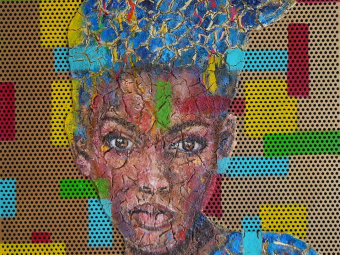 "Student" - 80x60 cm, Mixed media on perforated aluminum sheet, 2023