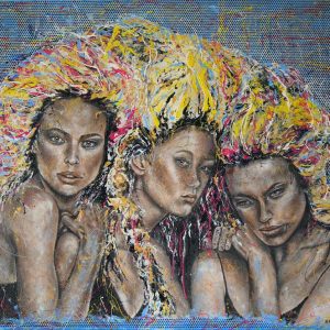 "Ava, Elea & Silja" - 125,5 x 150 cm, Mixed-Media auf Aluminium Lochblech, 2021